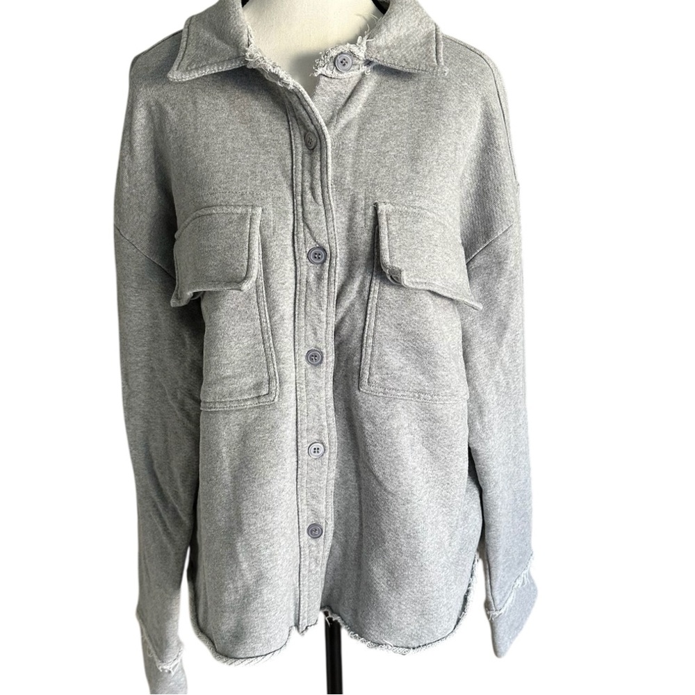 Emory Park Gray Button Down Shacket Raw Hem Shirt Jacket - Small - 100% cotton